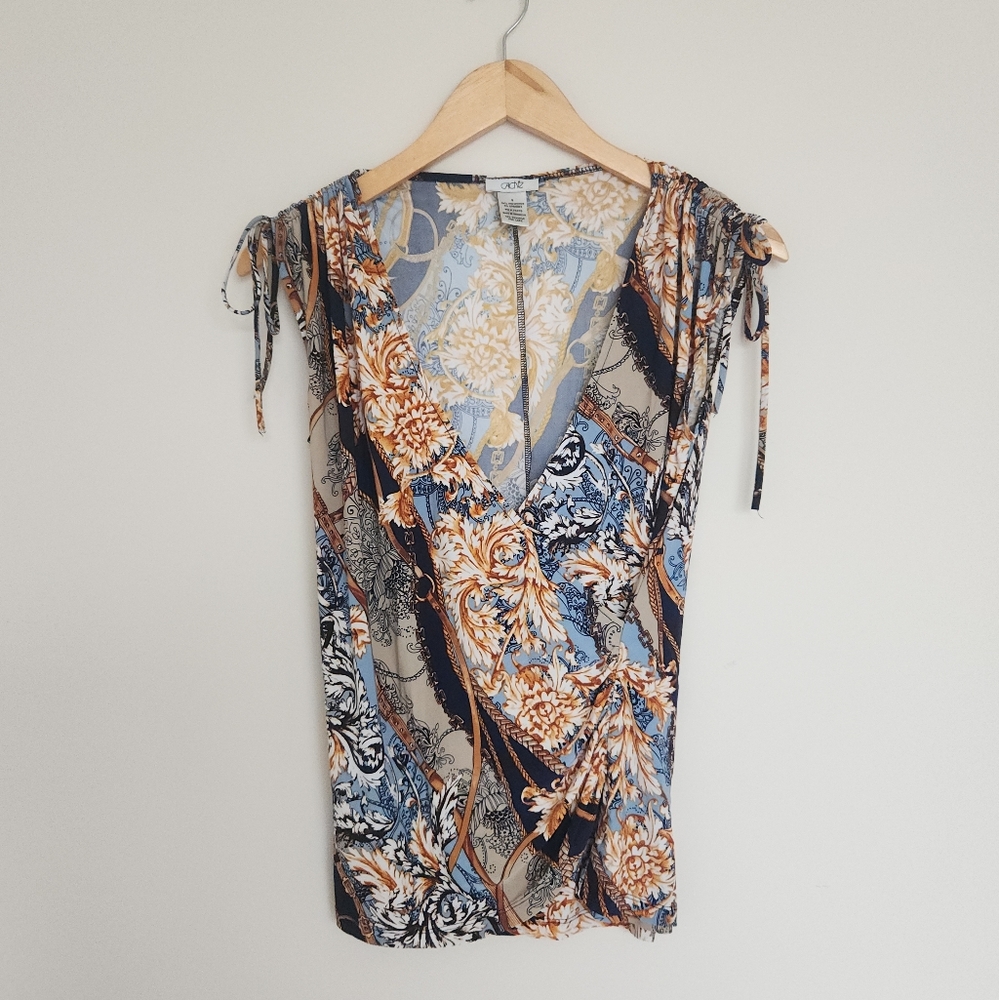 Cache Floral Printed V-Neck Tank Top in Blue, Tan, Black